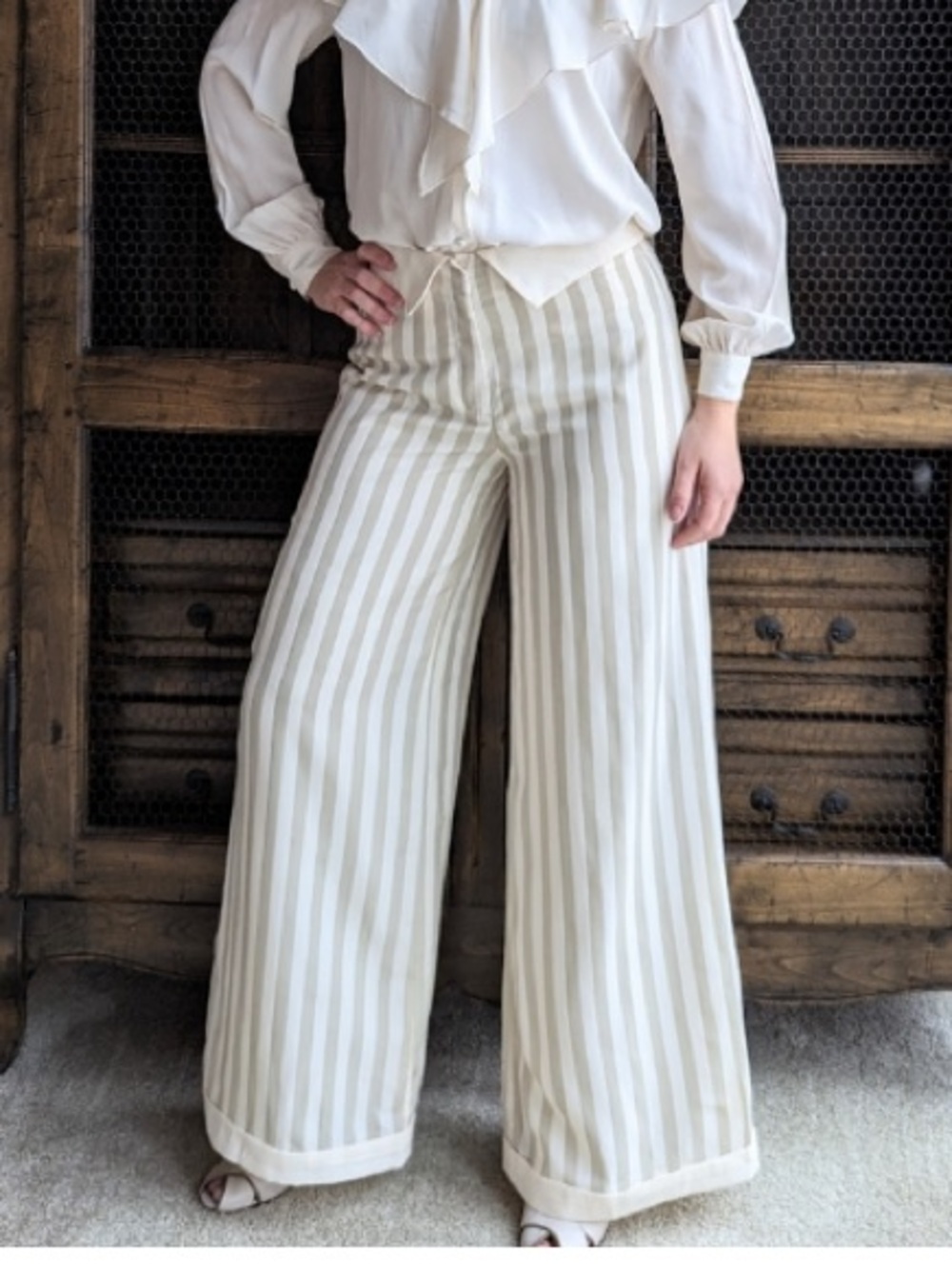 J. Peterman Pinstripe High Rise Foldover Wide Leg Trouser Pant Neutral 6